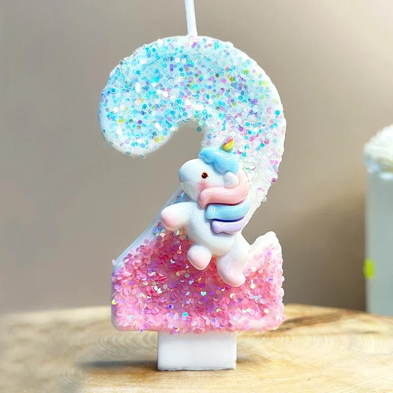 Unicorn Birthday Candles 0-9 Number Pink Blue Cake Candle Fashion Cartoon Anime Topper Party Cute Decoration Animal