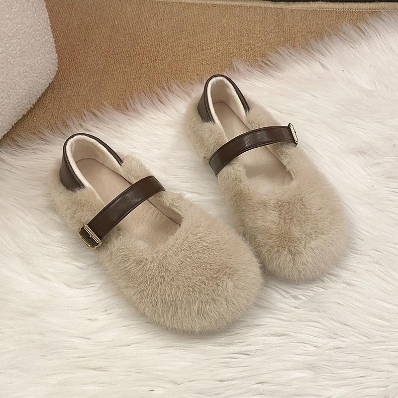 

Однотонные пушистые туфли женская верхняя одежда 2025 осень и зима новая бархатная модель Мэри Джейн на плоской подошве из хлопка 40