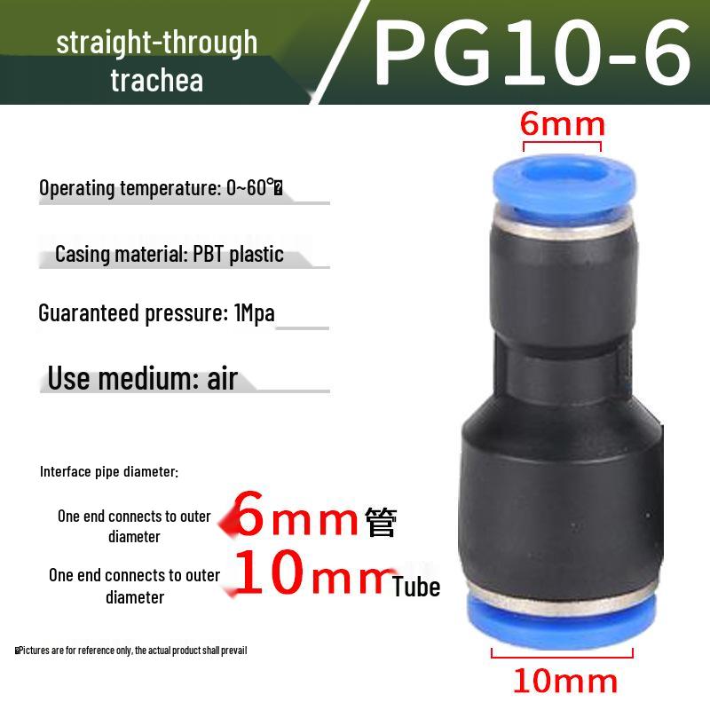 Pneumatic Air Tube Connector: PU8 Straight, PV10 Right-Angle Elbow, Quick-Insert, Butt Joint, Blue Plastic, PG6-4 Reducer.