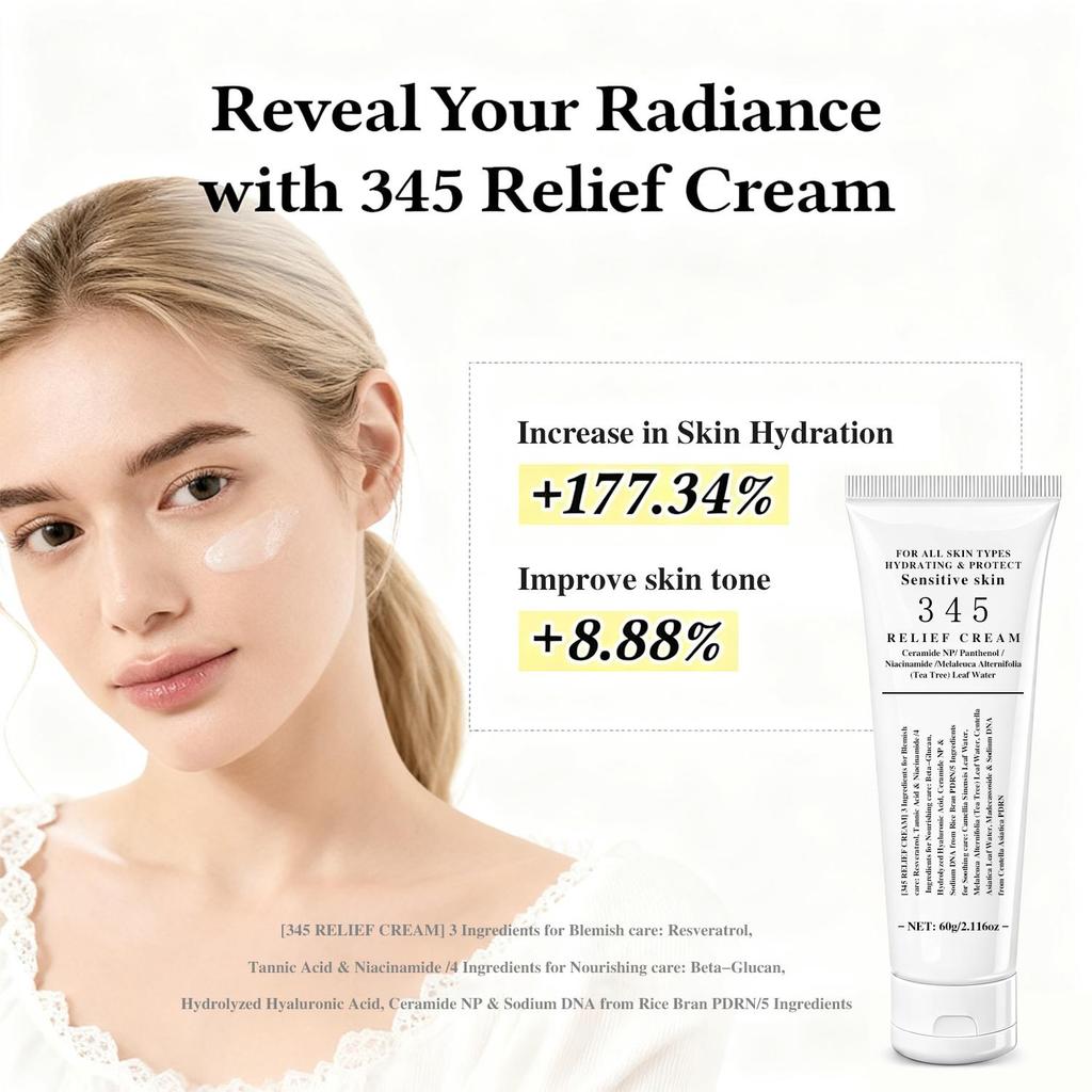 345 Relief Cream-Improvement Uneven Skin Tone, Dullness-Suitable To Skin Prone To Acne-Suitable For All Skin Types, 60g
