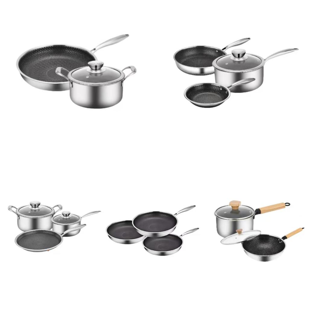 3-Piece Stainless Steel Frying Pan & Pot Cookware Set with Detachable Handles Modern Design Durable Gas Cooker Compatible