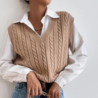 \Outono Casual V Neck Pullovers Suéteres Feminino Sólido Vintage Malha Camisola Colete Feminino Twist Sem Mangas Colete