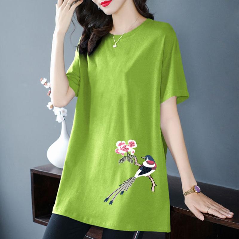 100% bumbac Tricou cu mânecă scurtă de lungime medie pentru femei Vară cu model de culoare uni Imprimare All-match Subțire de lungime medie Top Trendy