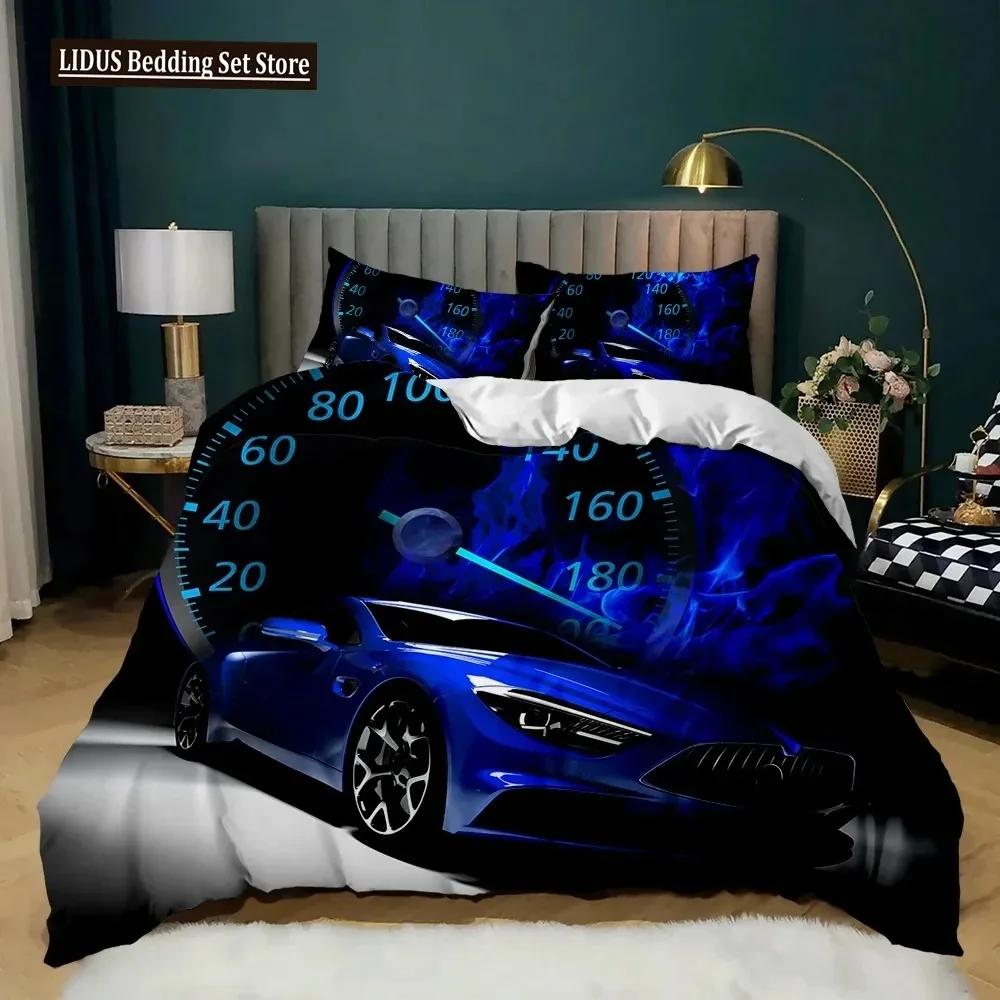 Racerbil Påslakanset King Queen Twin Storlek Röd Flamma Täcke Överdrag 3D Sportbilstema För Pojkar Flicka Polyester Sängkläder Set
