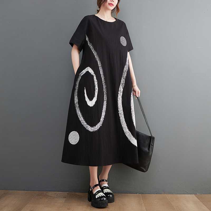Summer Women's Loose Plus Size Printed Round Neck Mid-Length Literary Vintage Dress