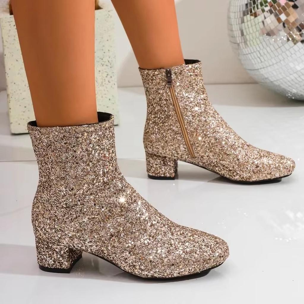 Women's Glitter Sparkly Booties Chunky Heels Boots Side Zipper Block Heeled Short Boots Wedding Bridal Party Dress Shoes