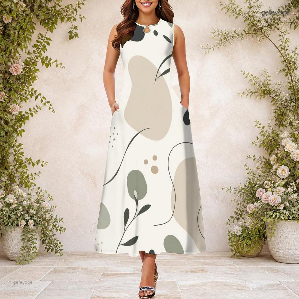 Women Plus Size Keyhole Neck Sleeveless Abstract Printed A Line Maxi Dress