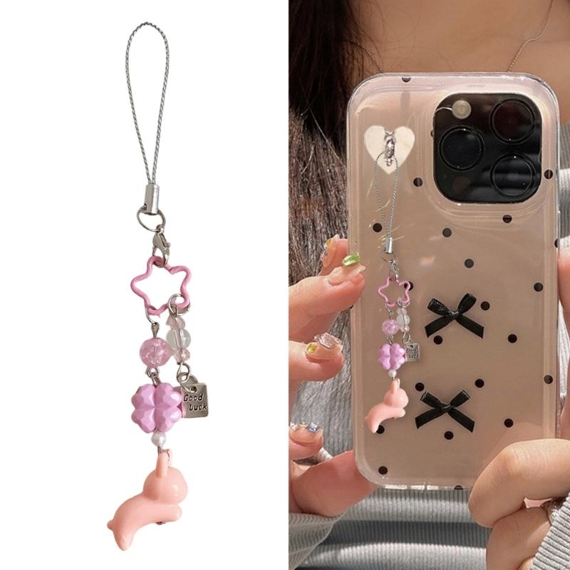 Beaded Clovers Leaf Mobile Charm Youth Trendy Phone Decors Charm Cartoon Acrylic Keychain Lucky Bag Hanging Decoration