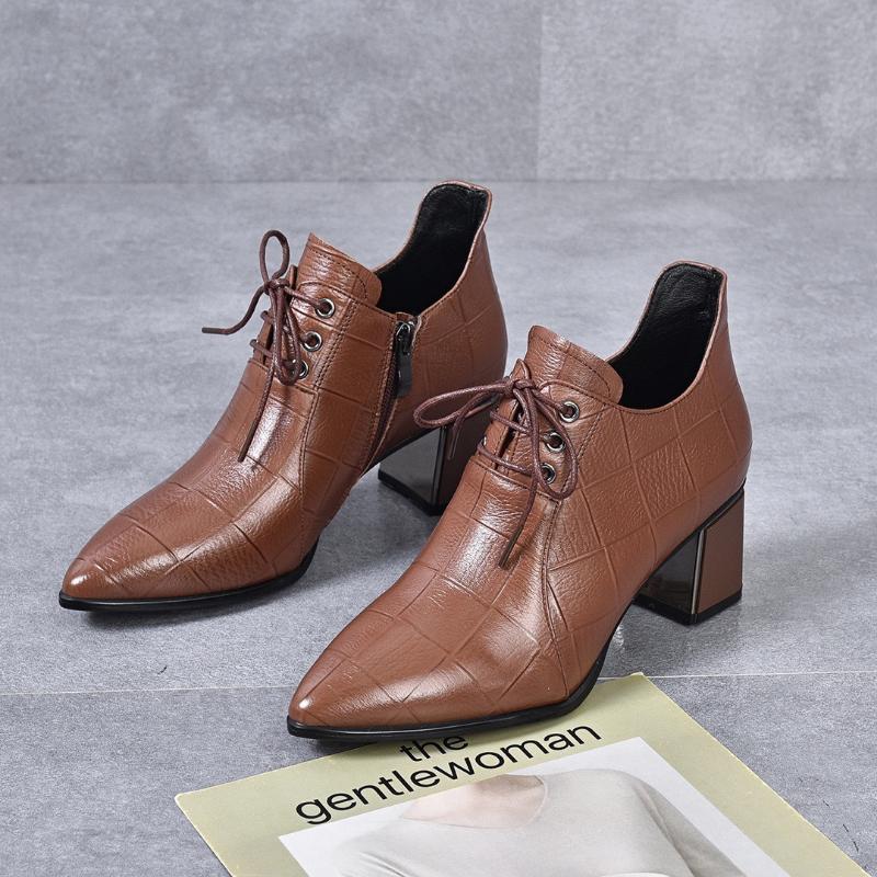 New Women's Mid-heel Lace-up Leather Shoes Genuine Leather Deep-mouth Soft Leather High Heels