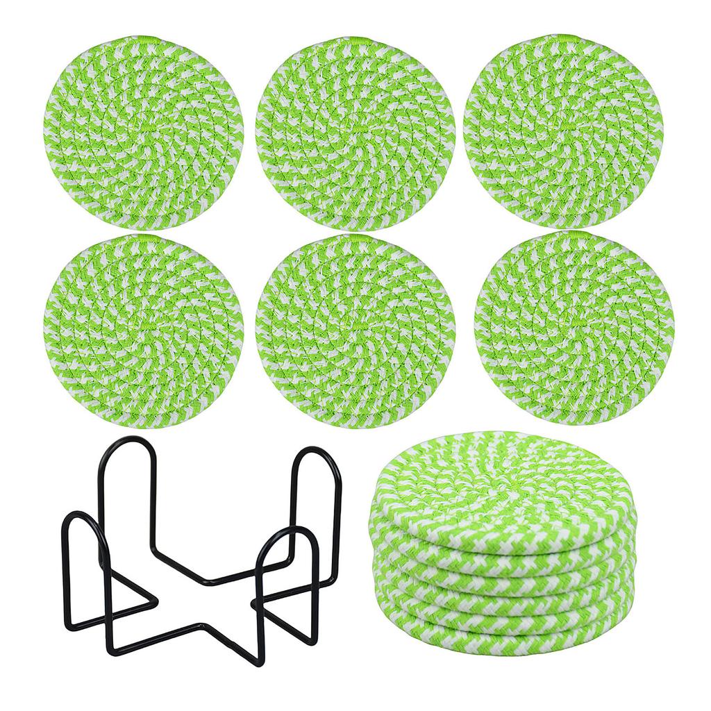 Set of 6 Round Woven Cotton Yarn Placemats with Non-Slip Heat Resistant Surface and Metal Storage Rack for Dining Table Protection