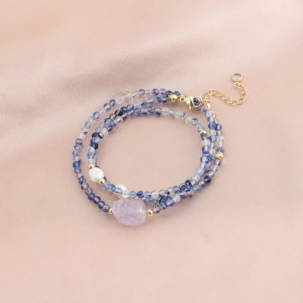 Blue crystal three-circle beaded bracelet, chalcedony Pixiu necklace, bracelet two-in-one explosion
