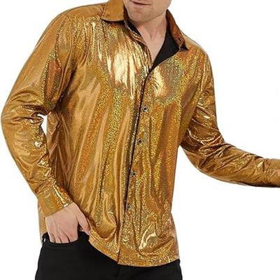 Golden Party Top Mens Shiny Glossy Surface Top with Turn-down Collar for Christmas Party Nightclub Dance Long Sleeves Comfortable Fit
