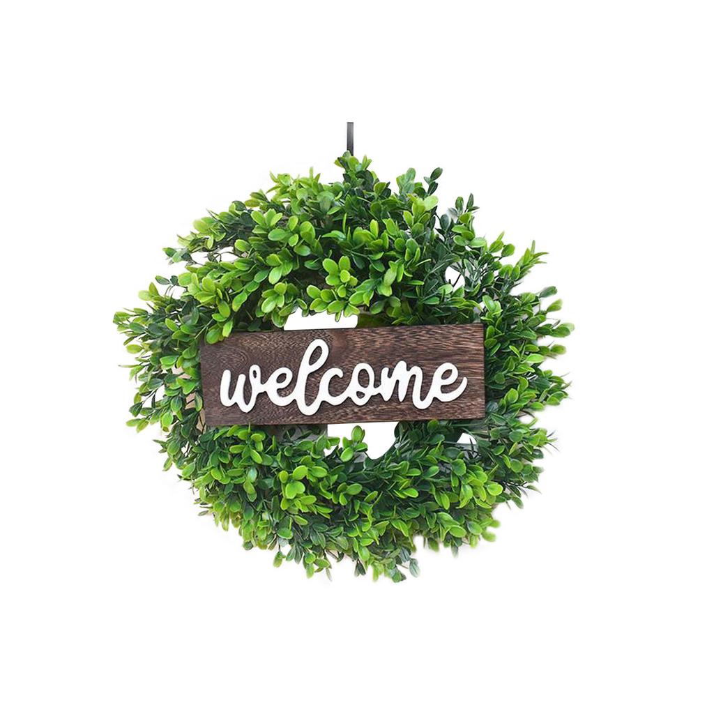 Simulation Wreath Welcome Door Decoration Green Wreath Wooden Sign Pendant