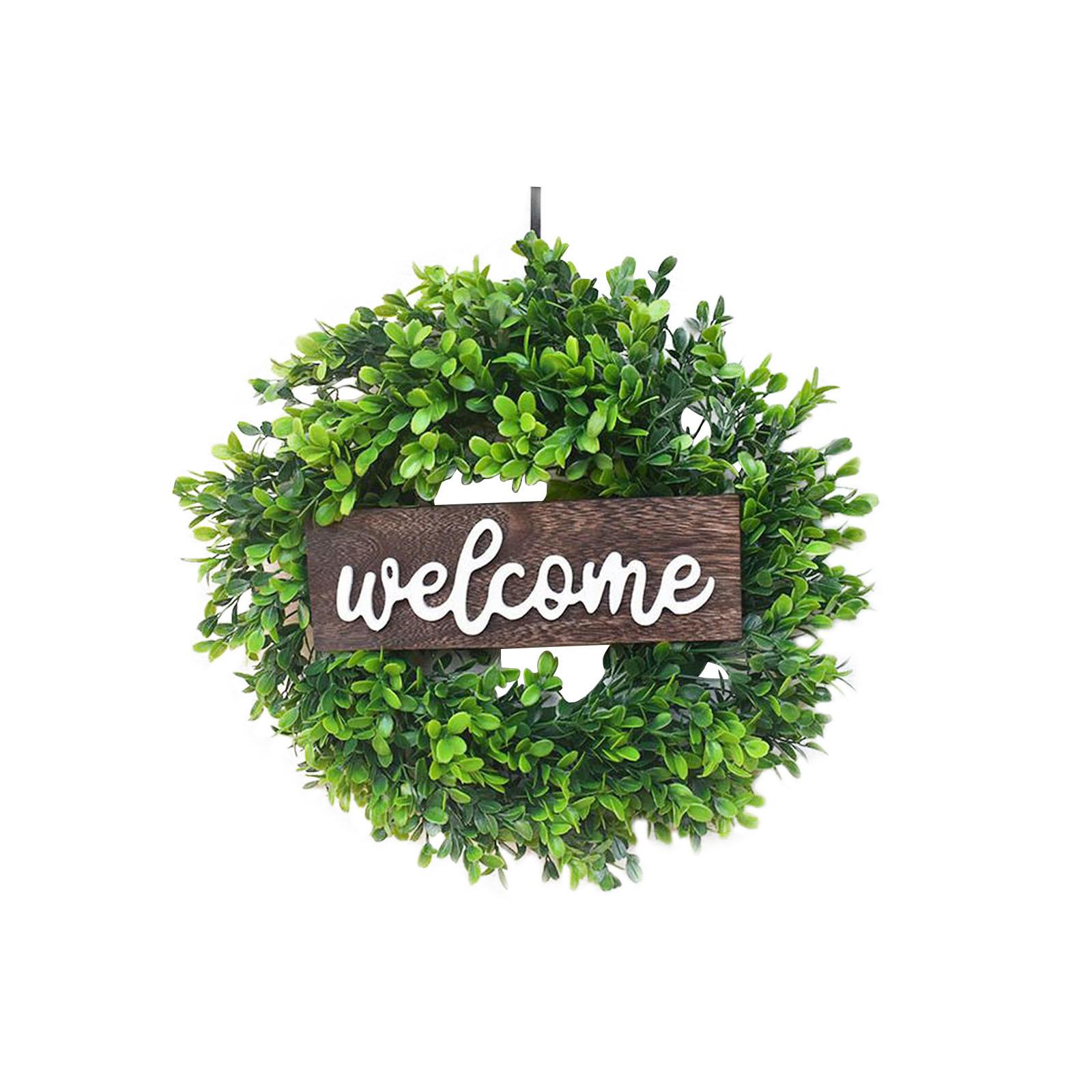 

Welcome Artificial Greenery Wreath with Wooden Sign Hanging Door Decoration for Indoor Outdoor Seasonal Home Entryway зелений