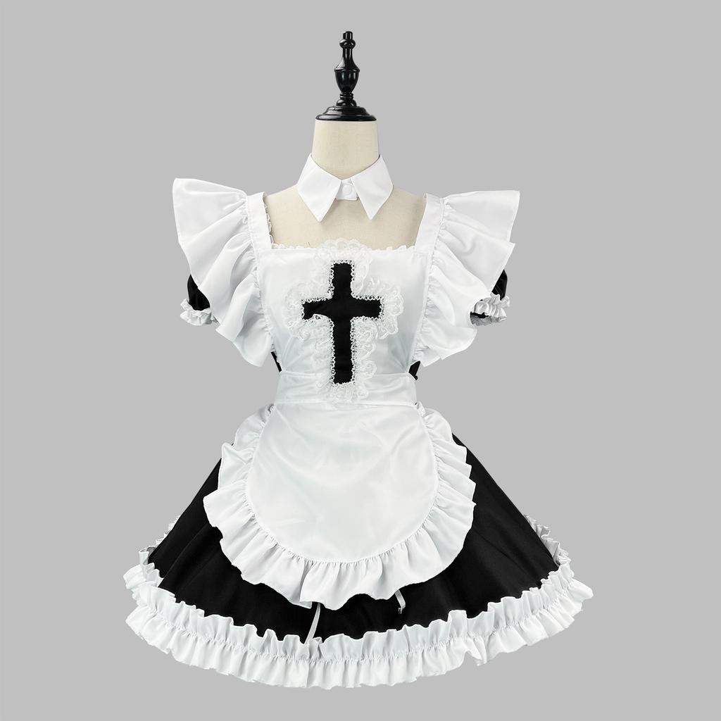 Cute Lolita Angel Maid Dress Cosplay Costume Sweet Girls Anime Maid Waiter Dress With Cross Ruffle Apron