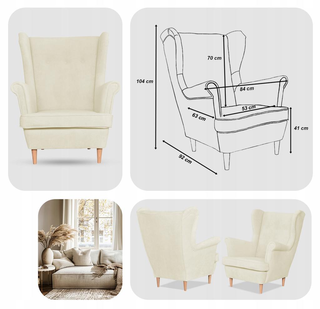 Fotel uszak skandynawski welur kremowy jasny Hunter Family Meble beżowy
