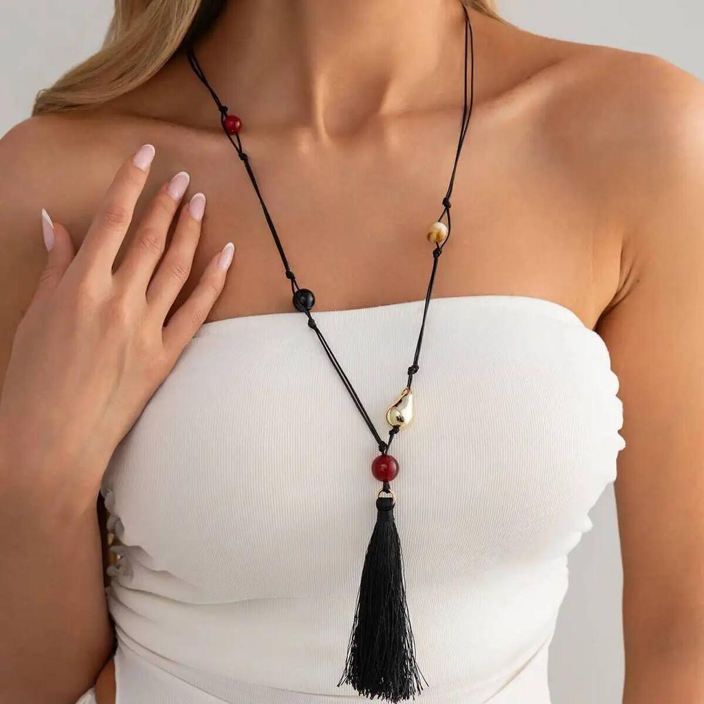 SHIXIN Boho Colorful Resin Bead Tassel Pendant Necklace Woman Retro Adjustable Long Leather Wax Chain Irregular Jewelry Accessor