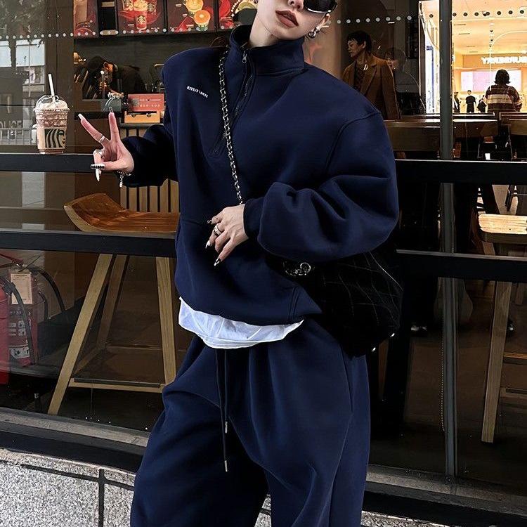 European Style Women's Thickened Stand-up Collar Sweatshirt Set - Fashionable Autumn/Winter Pure Cotton Casual Sportswear Two-Piece