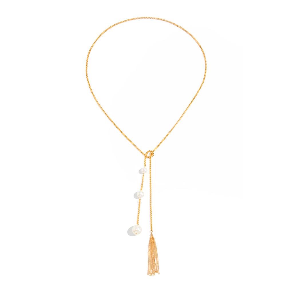 Salircon Trendy Gold Color Imitation Pearls Tassel Necklace for Women Vintage Y-Shape Long Sweater Chain Punk Jewelry Gifts