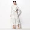 2026 Spring Summer Beaded Lace Patchwork Dress for Women Stand Collar Long Sleeve High Waist Belt Casual Vestidos Pleated Y2k
