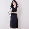 Satin V-neck suspender dress women's spring and summer sleeveless solid color vest long dress small black dress