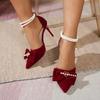 Women's Elegant Wine Red High Heel Pumps Bowtie Decor Pointed Toe Dress Shoes Plus Size Pearl Ankle Buckle Thin Heels Pumps