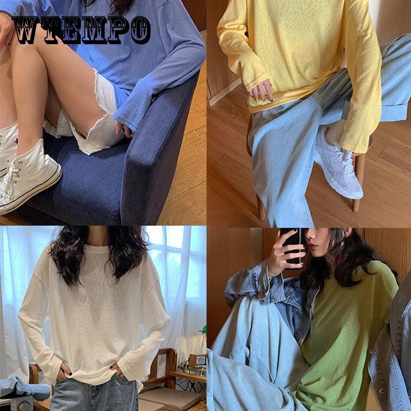 

Осень Женщины Круглый O-образный вырез Осень с длинным рукавом Повседневная свободная футболка Блузка Чистый цвет Leisure Tee