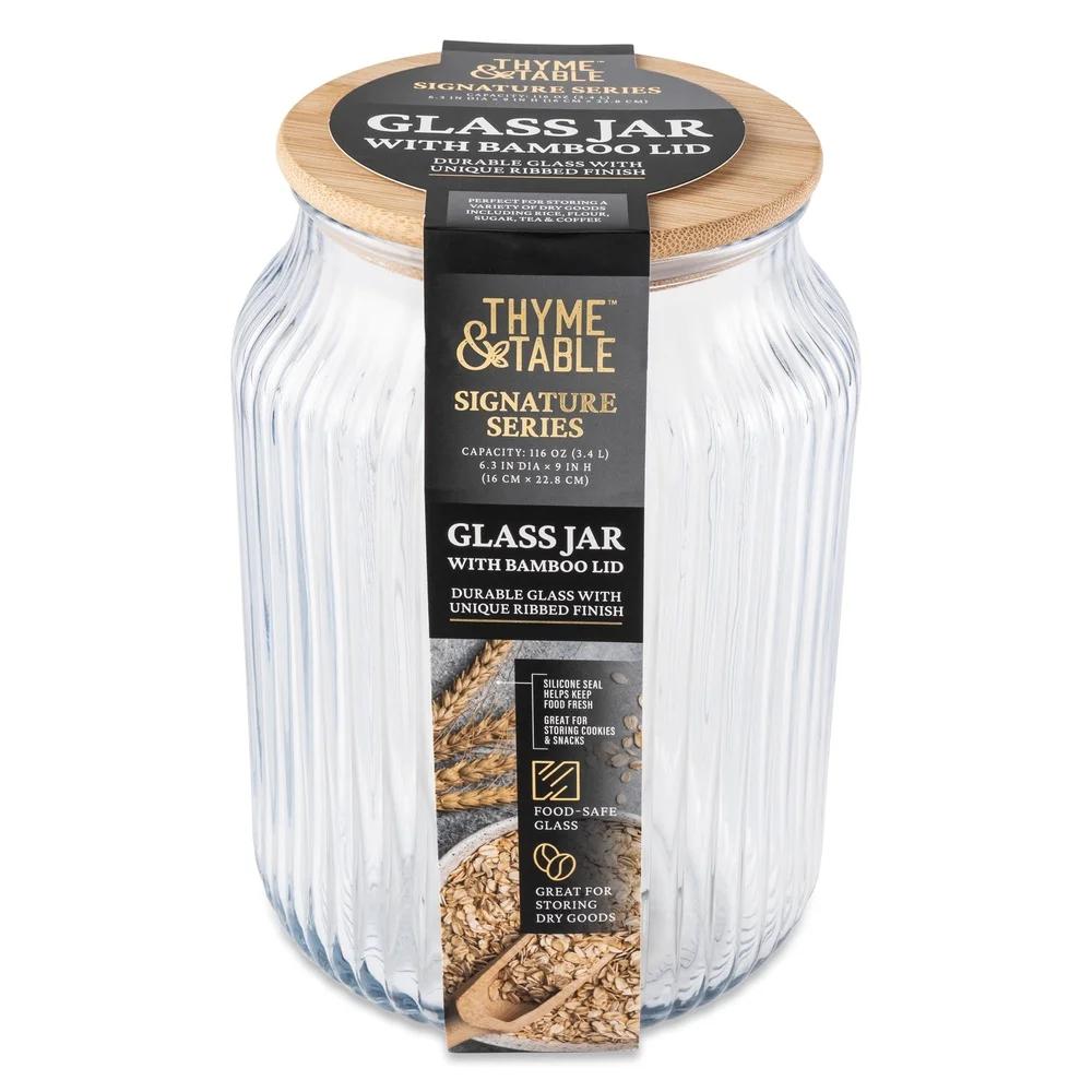 3L žebrovaná skleněná kuchyňská dóza se vzduchotěsným bambusovým víkem na těstoviny, rýži, svačiny - organizace