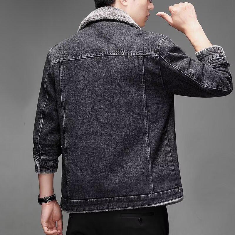 Black & Gray Men's Slim Lapel Denim Jacket with Velvet Lamb Plush, 2024 Korean-Style Winter Edition