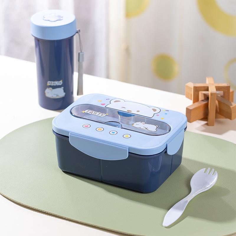 Cartoon Lunch Box Mug Set Portable Plastic Bento Box With Fork Kids Lunch Box Food Storage Container Food Holder