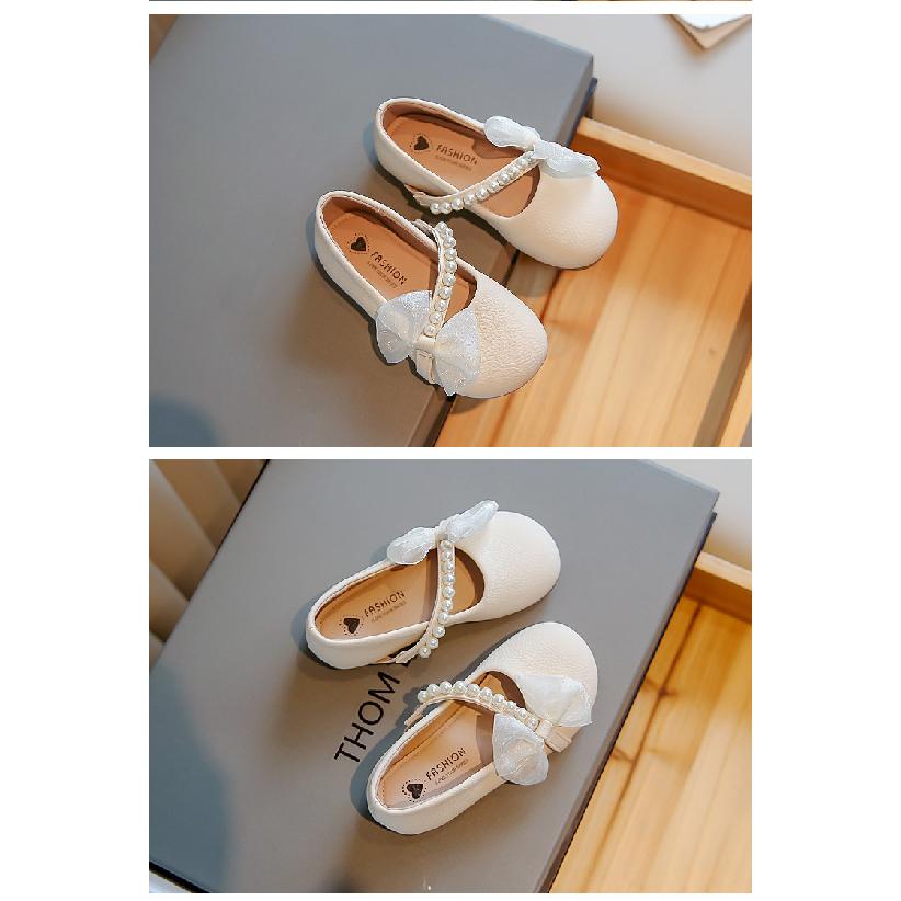 Girls' Leather Shoes Spring and Autumn New White Pearl Little Girls Baby Soft Sole Fashionable Children's Beanie Princess Shoes