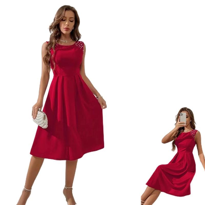 New Women's Slim Fit Round Neck Beaded Sleeveless Princess Dress S-XL