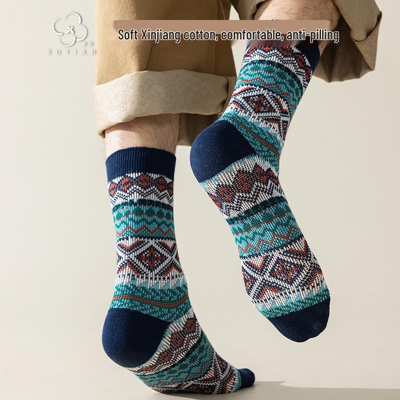 Men's Retro Diamond Stripe Ethnic Long Socks - Trendy Double Needle Design.
