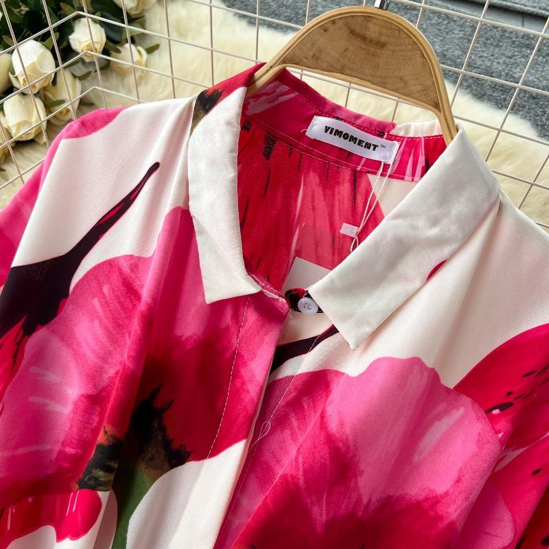 Summer Dress Retro Lantern-sleeved Women's Dress Single-breasted Cinched-waist Tie Printed Dress