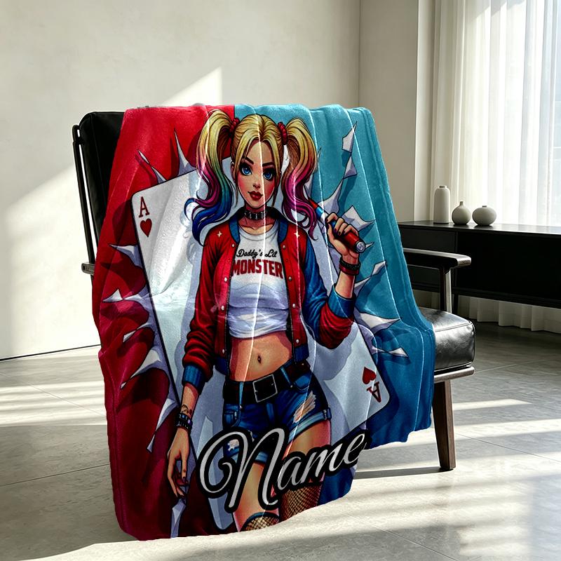 Custom Name Personalized Harley Quinn Joker Print Blanket, Home Decor, Bedroom, Sofa, Camping, Couch, Gifts for Birthday Christmas