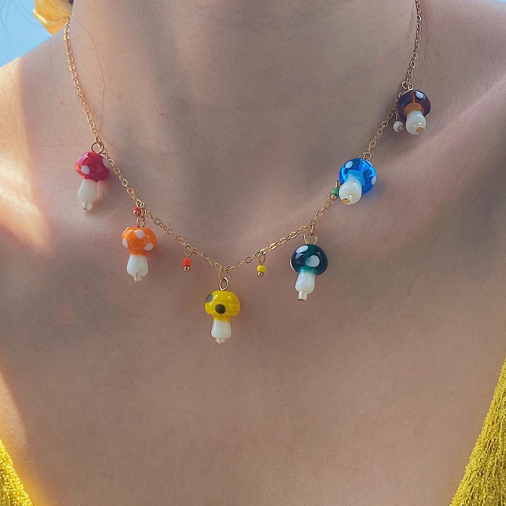 Sweet And Simple Colored Small Mushroom Pendant Necklace Female, Trendy Hip-Hop Metal Thin Chain Necklace