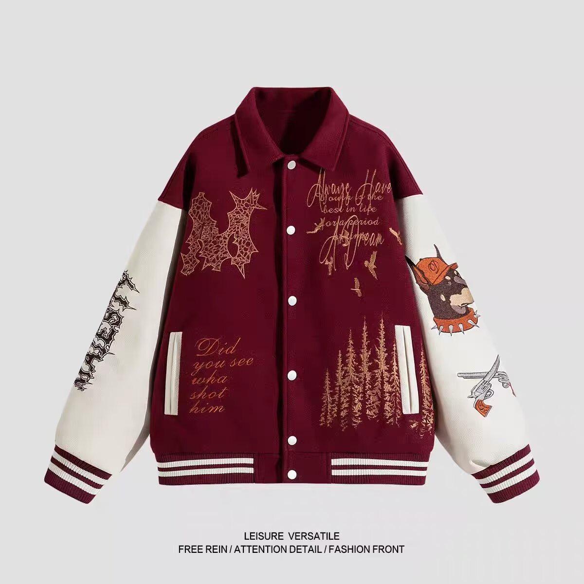 Spring/Autumn Trendy Baseball Jacket: Loose Fit, Color Block, Embroidered Leather Sleeves XL