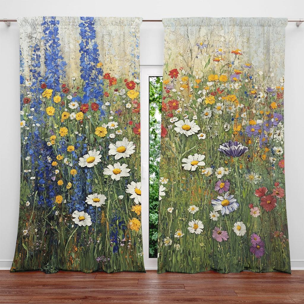 2pcs Flower Sea Oil Painting Printed Curtain for Home Decor - Rod Pocket Window Treatment for Bedroom, Office, Kitchen