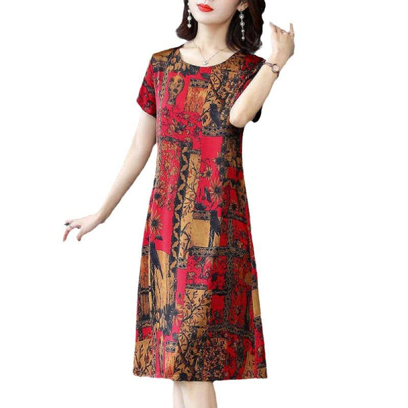 Vintage-Print Ice Silk Mid-Length Summer Dress for Middle-Aged Women