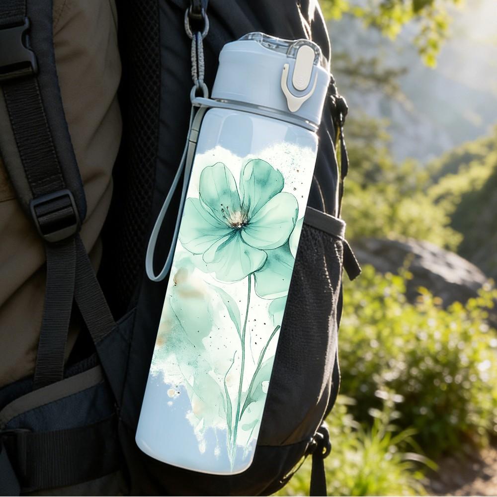 1PC Light Green Flower Watercolor Print 750ml Color Plastic Sports Water Bottle Leakproof Flip Straw Lid Suitable for Sports Office Home Use