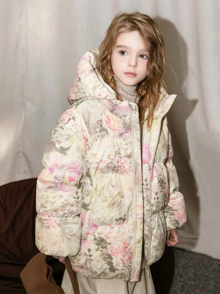Floral Girls' Down Jacket 2025: Winter Outerwear for Medium & Large Kids, 90% Down