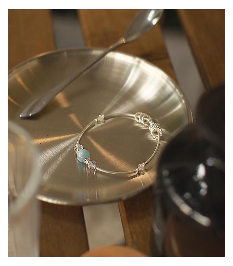 Aquamarine Fresh Blue Crystal Beaded Bracelet with S925 Silver Feather