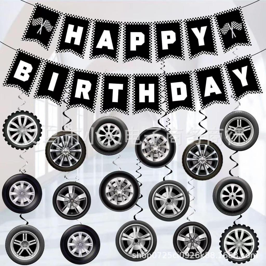 Racing-Themed Party Decorations: Sports Car Wheel Flags & Hanging Swirl Ornaments