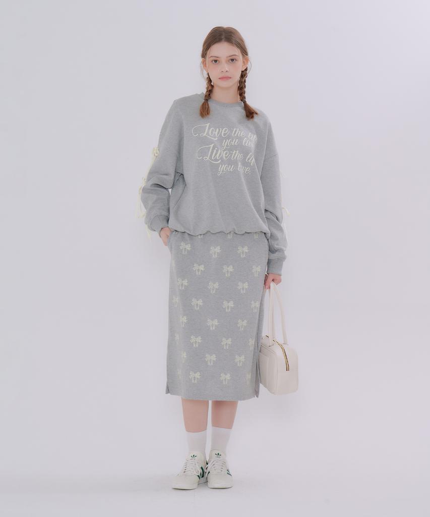 Metapeo Ribbon Print Elastic Waist Long Skirt Gray