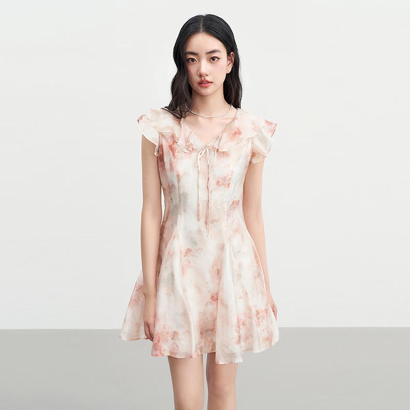 

Ledin Tie-Dye Pink Floral Double Ruffle V-Neck Tie-Waist Mini Dress XS