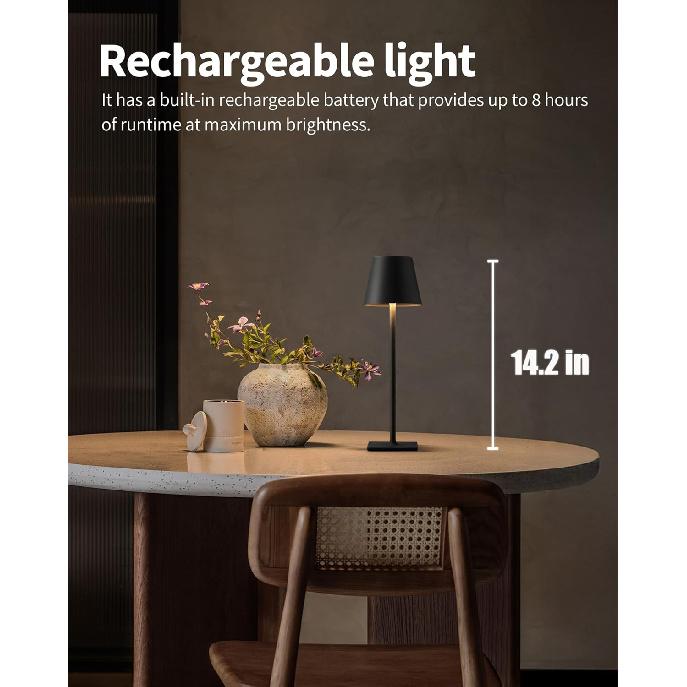 KDG 2 Pack Cordless Black Table Lamps, Rechargeable Portable LED Desk Lamps | 5000mAh Battery Operated 3 Color Stepless Dimming Up for Restaurant,