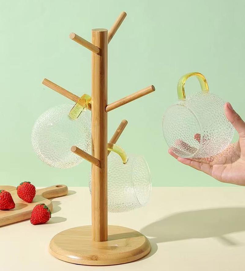 Set Baumform Holz Kaffee Tee Tasse Aufbewahrungshalter Ständer Becher Hängendes Ausstellungsregal Trinkgeschirr Regal 6 Haken Zuhause Küche1