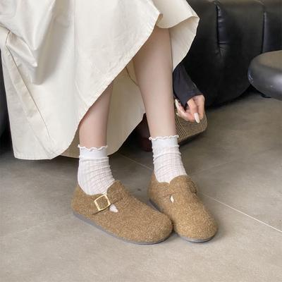 2025 New French Retro Women's Versatile One-pedal Autumn Round Head Shallow Mouth Single Shoes Cashmere Plush Boken Shoes