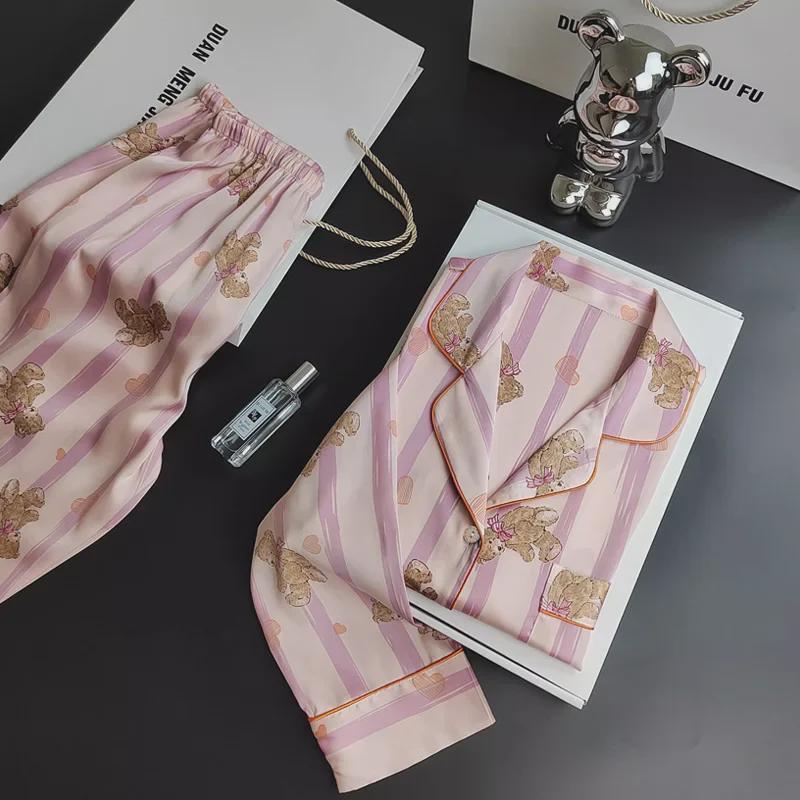 Spring Pink Striped Bear Pajama Set - Japanese Style Cartoon Homewear