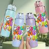 1PC Colorful Slogan Letter Cartoon Print 750ml Color Plastic Sports Water Bottle Leakproof Flip Straw Lid Suitable for Sports Office Home Use